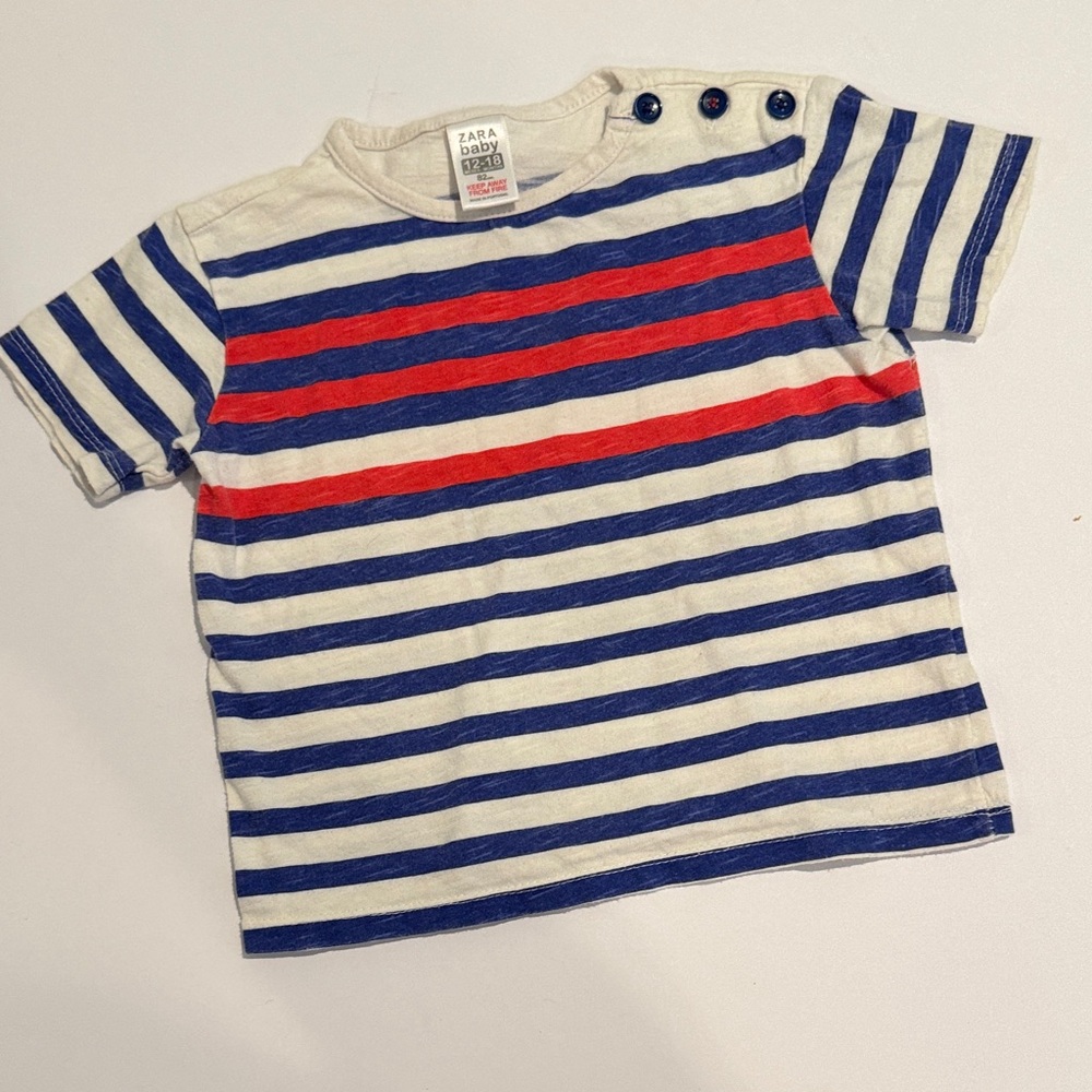 Zara Kids Blue and Red Striped Tee Cotton Jersey Boys 12-18 Months